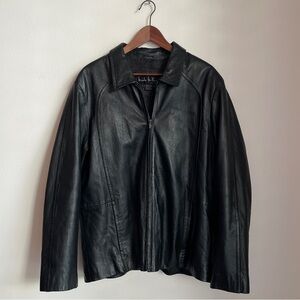 VTG 90s Y2K Black Leather Bomber Jacket Oversized Grunge Model Off Duty Biker L